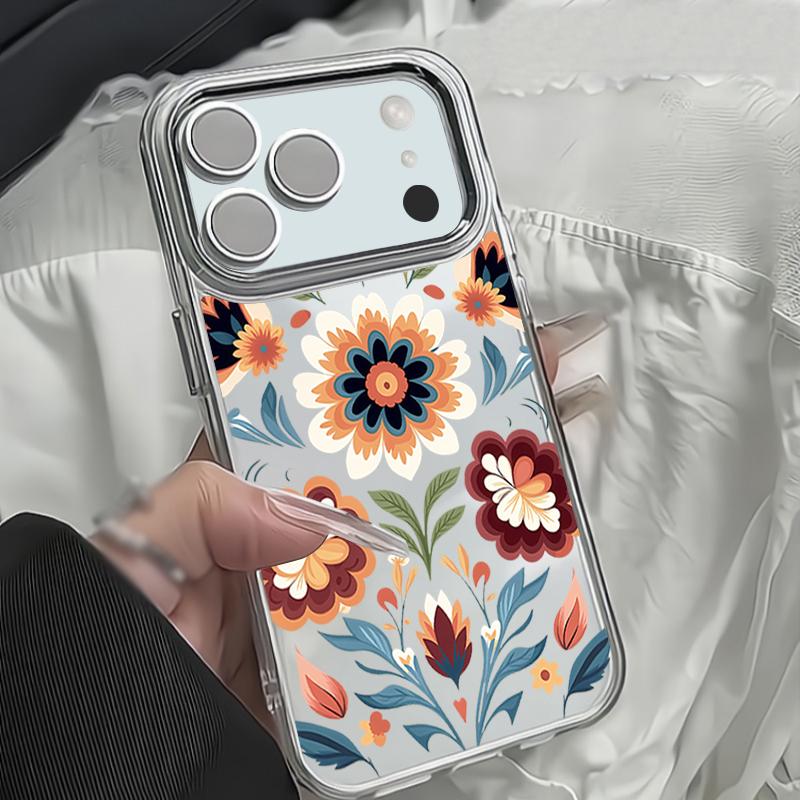 Cartoon Flowers Pattern Case For iPhone 17 Pro Max iPhone 16 15 14 13 Pro Max 11 17e 16e Plating Lens Frame Clear Soft Silicone Back Cover