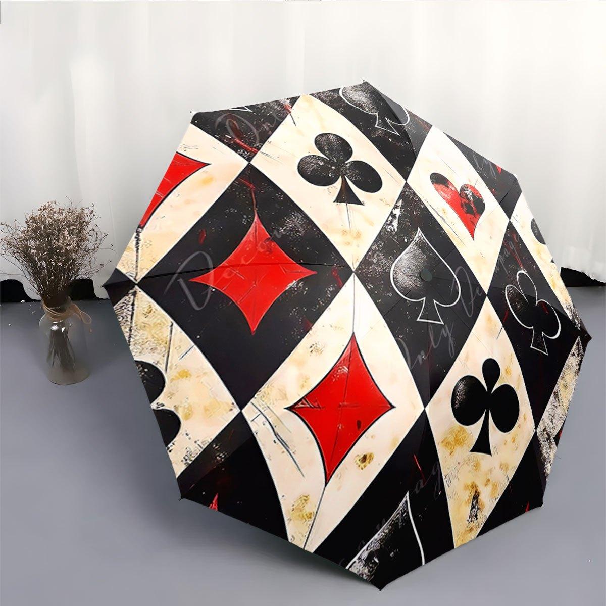 

Automatic Folding Umbrella Playing card suits with a diamond grid design. Portable collapsible design, casual outdoor accessor Iron&8K