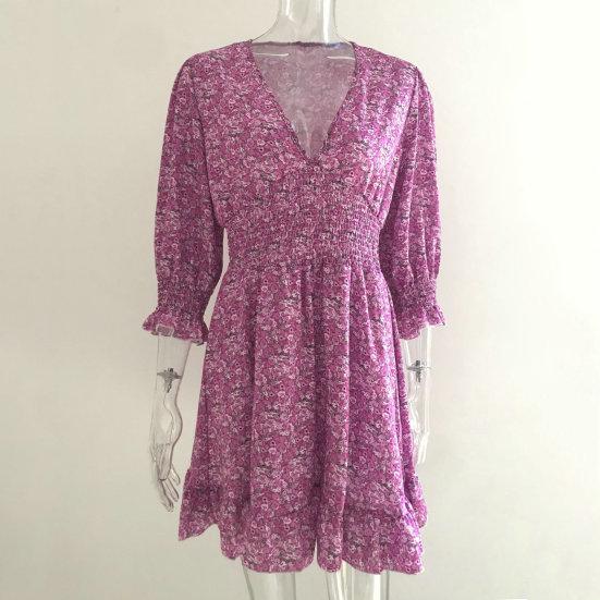 Women Dress Floral Print Elastic Tight Waist Half Sleeve Ruffle