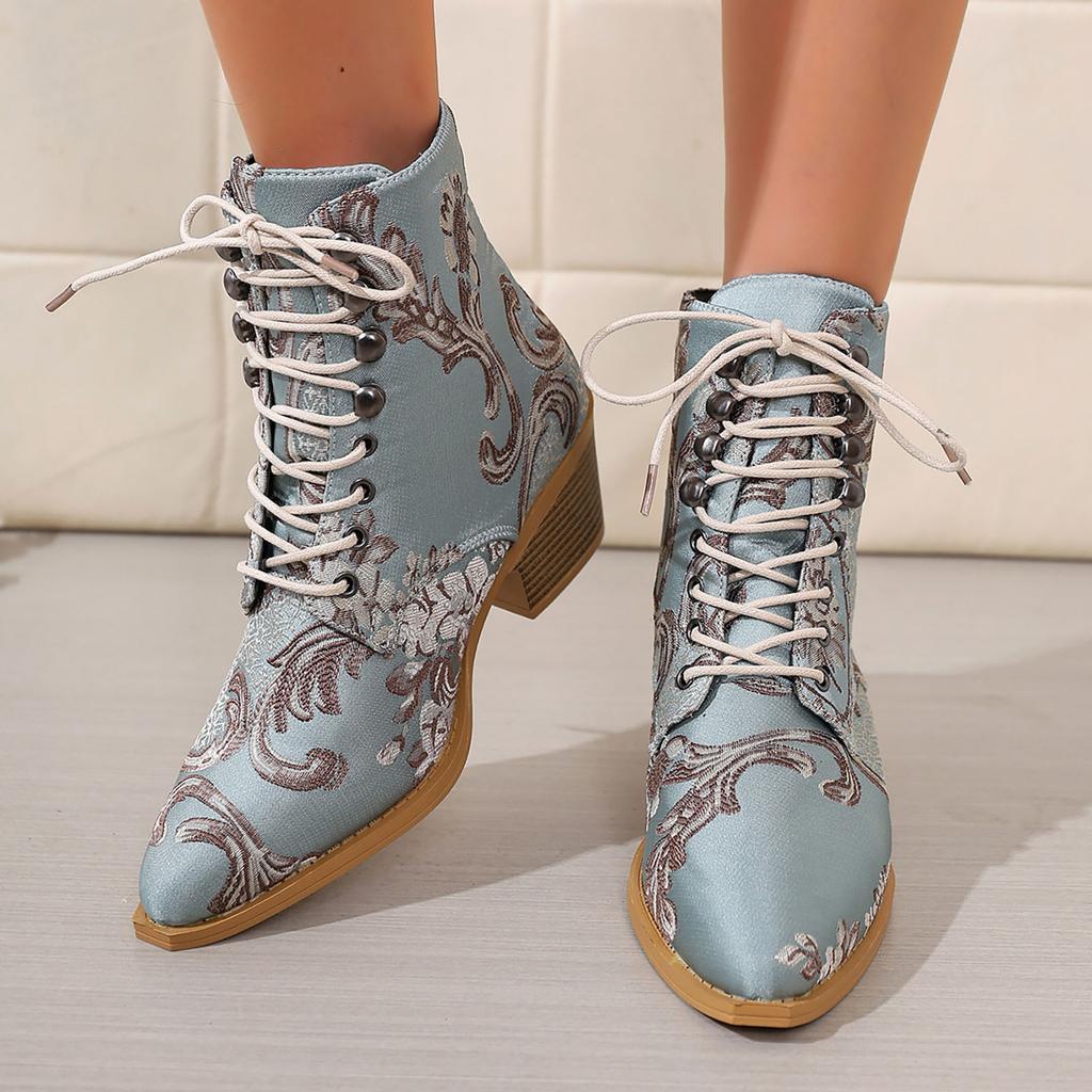 Vintage Embroidered Ethnic Style Short Western Boots Women's Shoes Fashion Pointed Toe High Heel Buckle Strap Ankle Boots