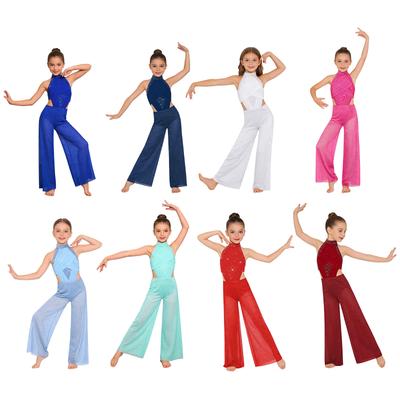 Glänsande Strass Vidbenad Jumpsuit för Flickor: Ärmlös Bodysuit med Utskärningar för Balett Lyrical Latin Jazz Modern Dansuppvisning
