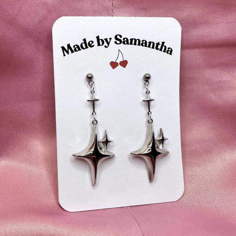 Gothic Y2K Silver Star Cross Dangle Earrings Retro Shiny Design