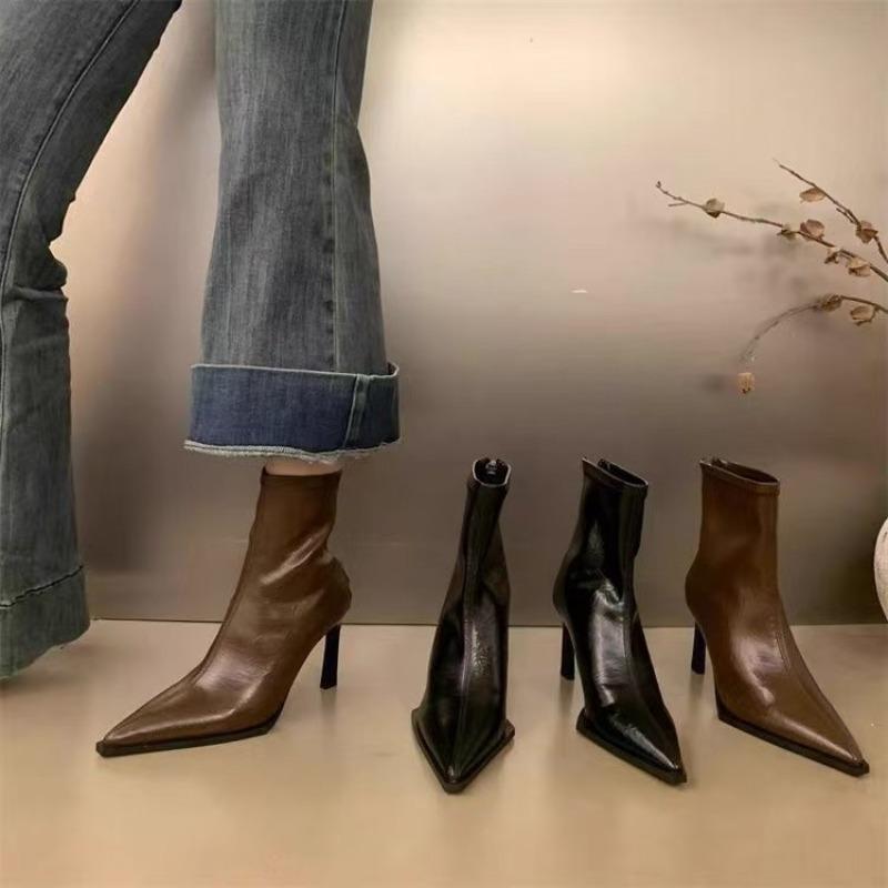 Retro Pointed Toe High Heel Short Boots Autumn Winter New Brown Slim Fit Thin Heel Versatile Boots PU Leather Insole Rubber Surf