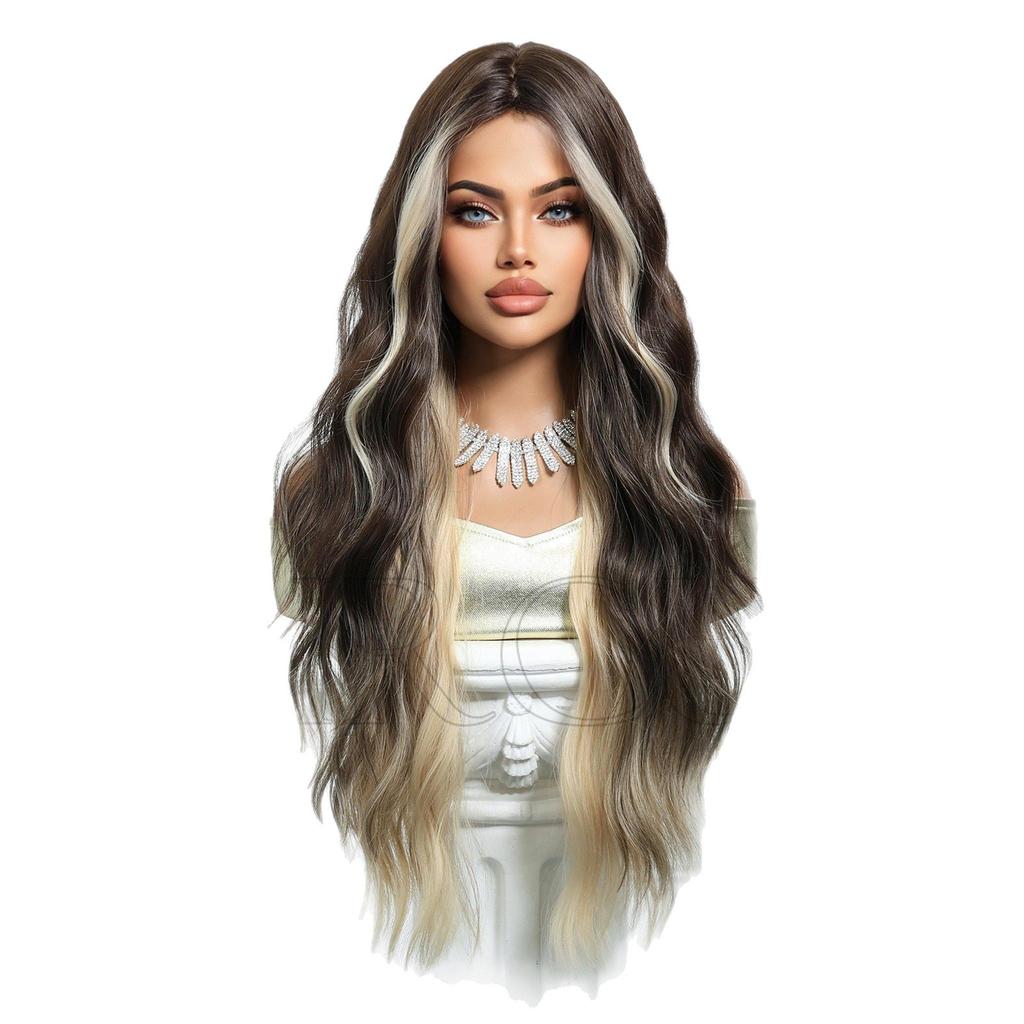 28in Long Wavy  Wigs Natural Highlight Platinum Heat Resistant Synthetic Fiber Women Body Wave Curly Wigs for Christmas Daily Party Daily Used