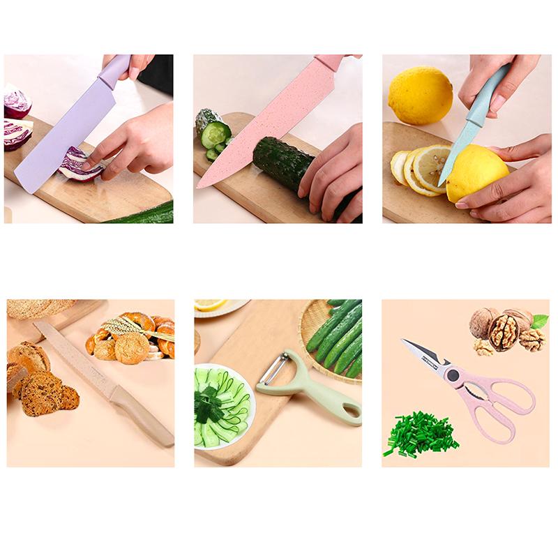 Kitchen Knife 6Pcs/Set High and Good Quality Corrugated Colorful Stainless Steel Chef Knife Bread Household Knife Cleaver Scissors Kitchen Bar