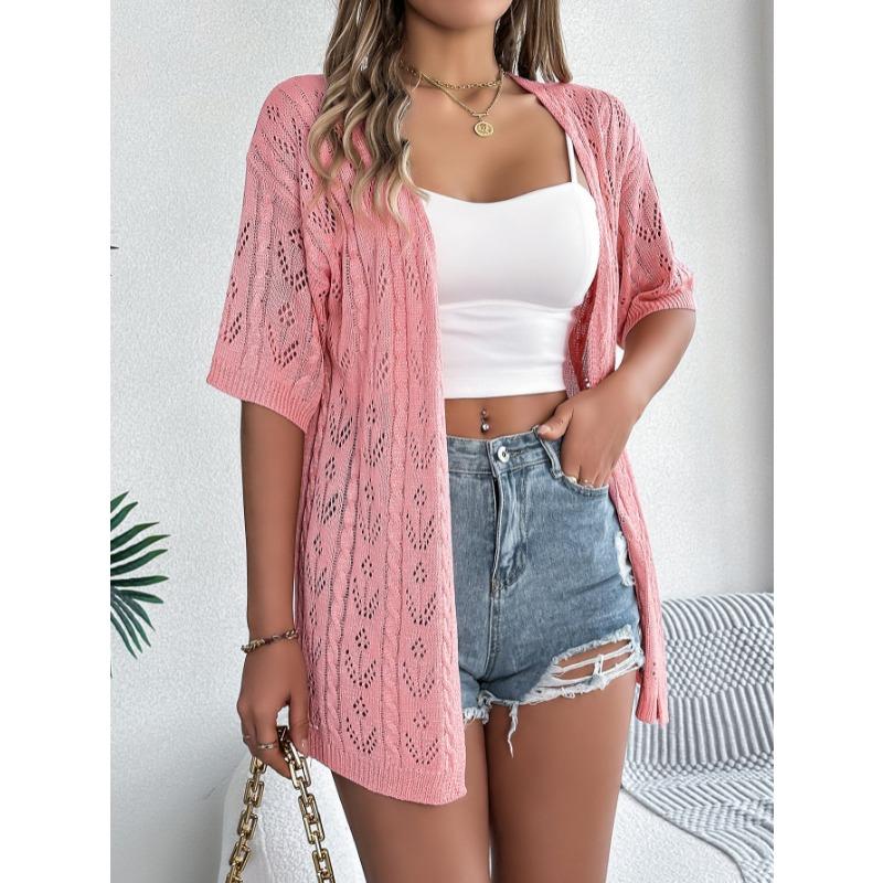 Spring Summer Hollow Out Short Sleeved Knitted Cardigan Sweater Vacation Casual Simple Women Sunscreen Long Shirt Solid Color Women's Clothing