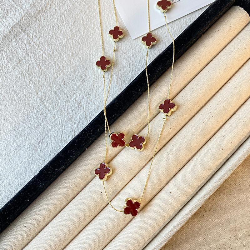 Light Luxury Four-leaf Clover Long Necklace Women with Fall and Winter Sweater Chain High-level Sense of Double Layered Stacked Clothes Pendant