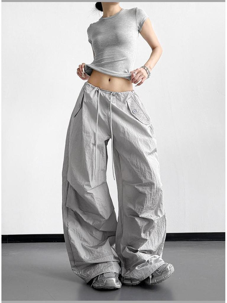 Women's Black Wide-Leg Paratrooper Pants - 2026 Spring Casual Outdoor Fashion