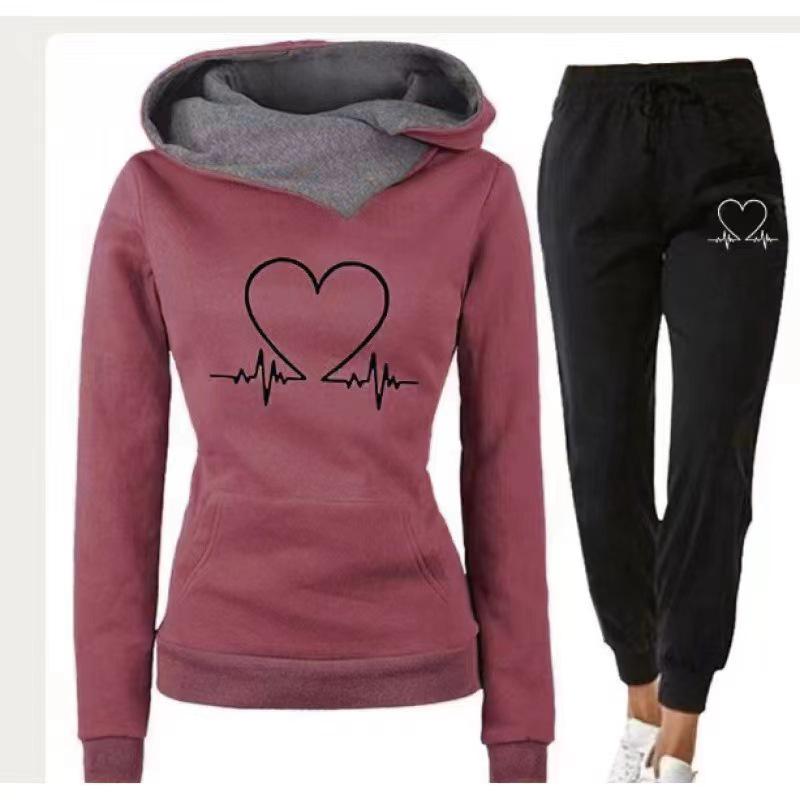 

Women s Heartbeat Print Hoodie Sweatshirt & Jogger Set - Casual Spring/Autumn M бордовый