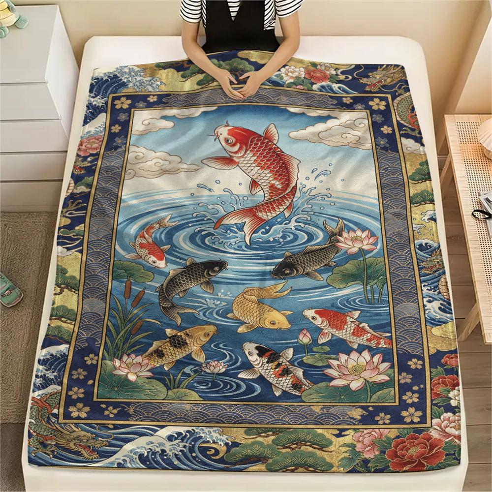 Koi Fish Classical Print Flannel Blanket, High quality Comfortable for All Seasons, Home Decor, Warmth and Comfort, Perfect for Christmas Gifts71