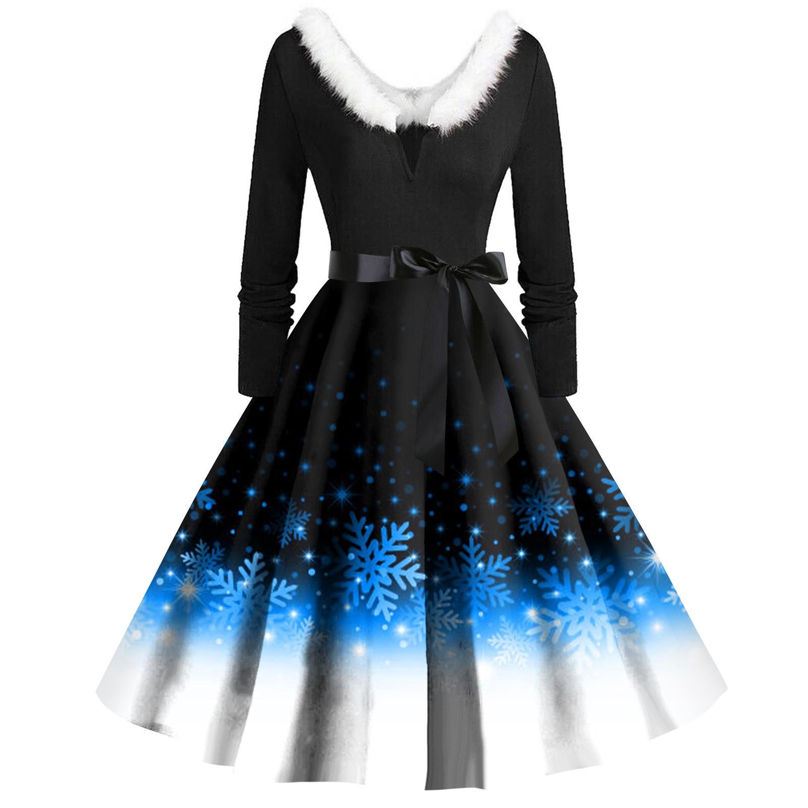 

Женское повседневное и модное платье с длинными рукавами и V-образным вырезом с рождественским принтом на молнии S синий