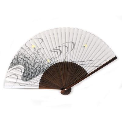 Stylish Kimono Iroha Folding Fan, Premium Painted Folding Fan, Made In Japan, Medium Carved Karaki Wood, Scented, Pearl Ground, Firefly Design, 504