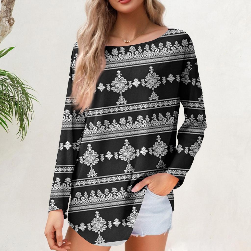 Women's  Loose Casual Flower Printed Round Neck Long Sleeved T Shirt Top Pullover Long Sleeved Sweatshirt