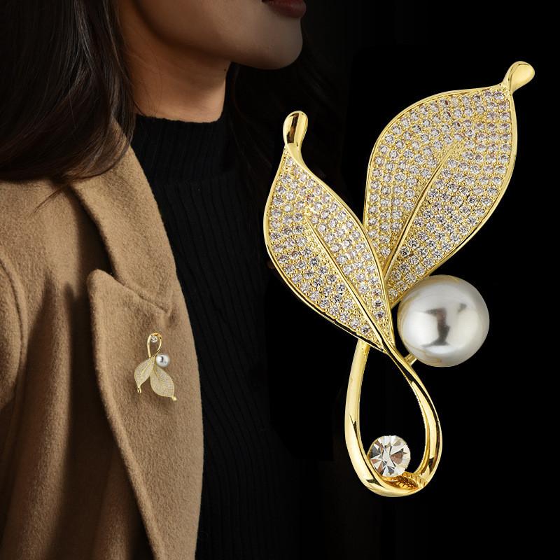 Leaf Brooch For Women With Artificial Pearl And Rhinestone Decoration For Wedding Or Gift