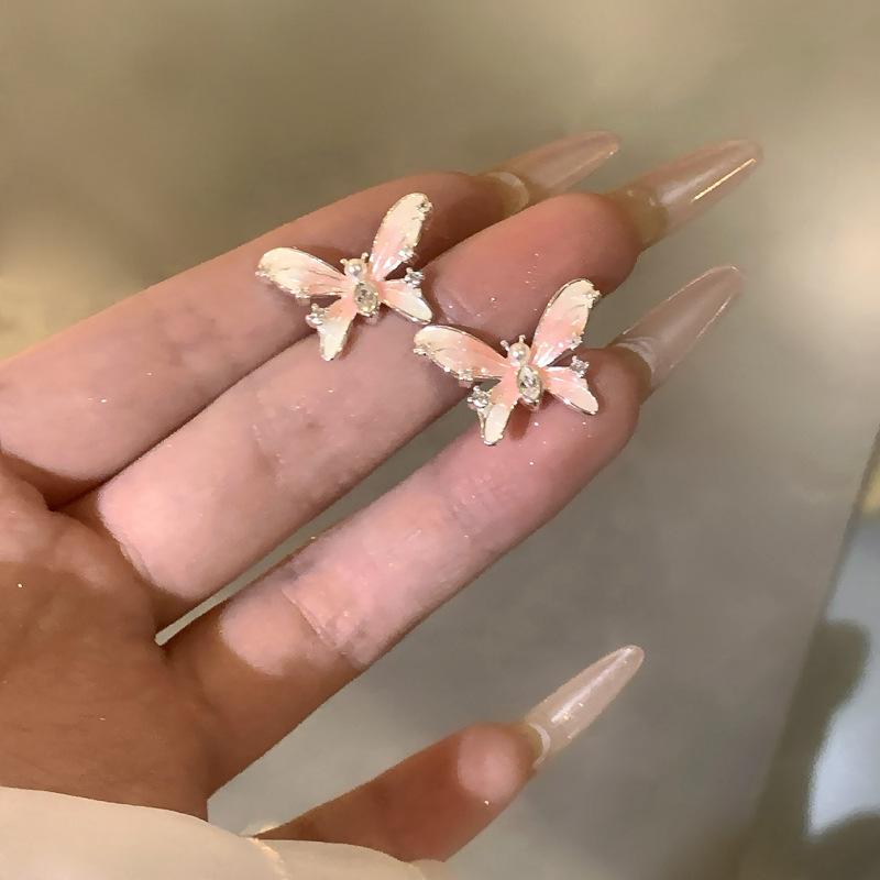 

Zircon drop oil pearl butterfly earrings niche sweet light luxury high-end stud earrings temperament versatile earrings women