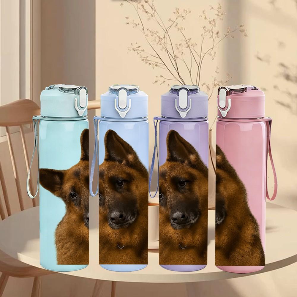1PC Serious German Shepherd 750ml Color Plastic Sports Water Bottle Leakproof Flip Straw Lid Suitable for Sports Office Home Use