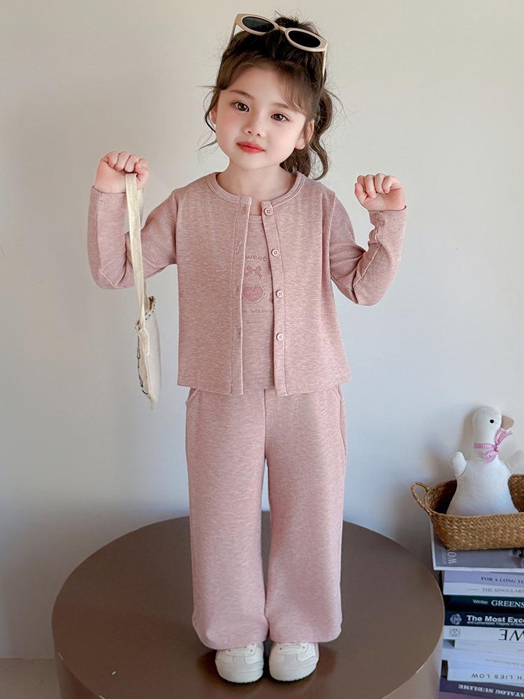 2025 Autumn Girls' Korean Style Three-Piece Set: Teddy Bear Cardigan, Knitted Sweater Vest, and Wide-Leg Pants
