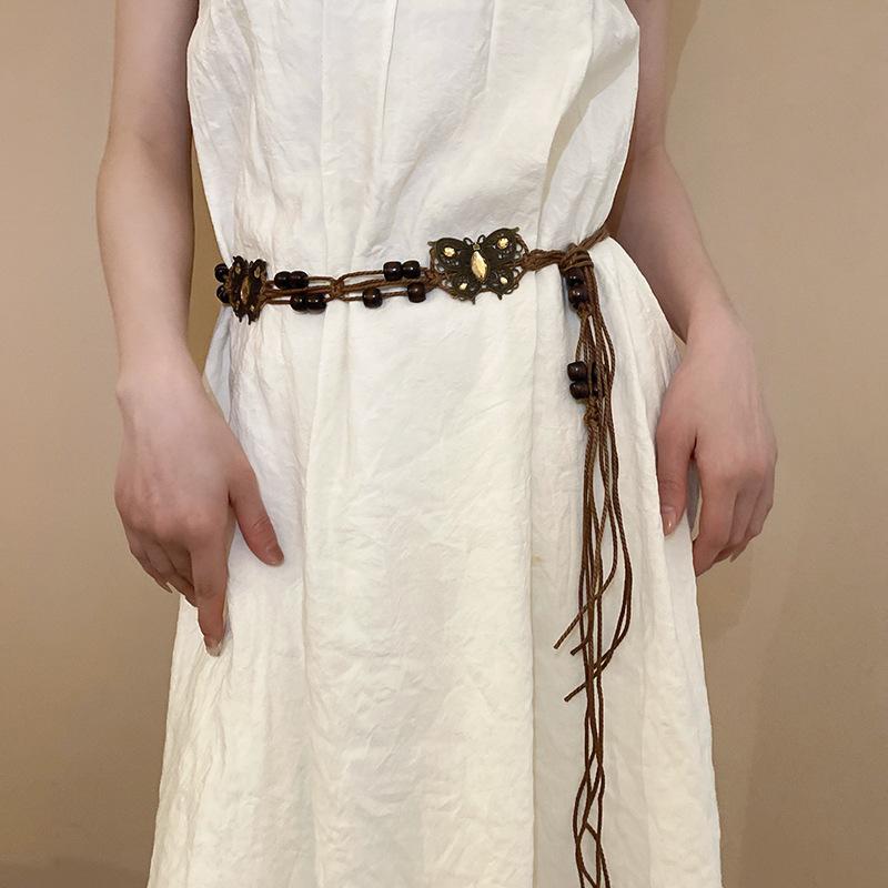 Ethnic Style Wax Rope Wood Bead Acrylic Woven Oval Waist Chain Temperament Belt Versatile Waist Jewelry