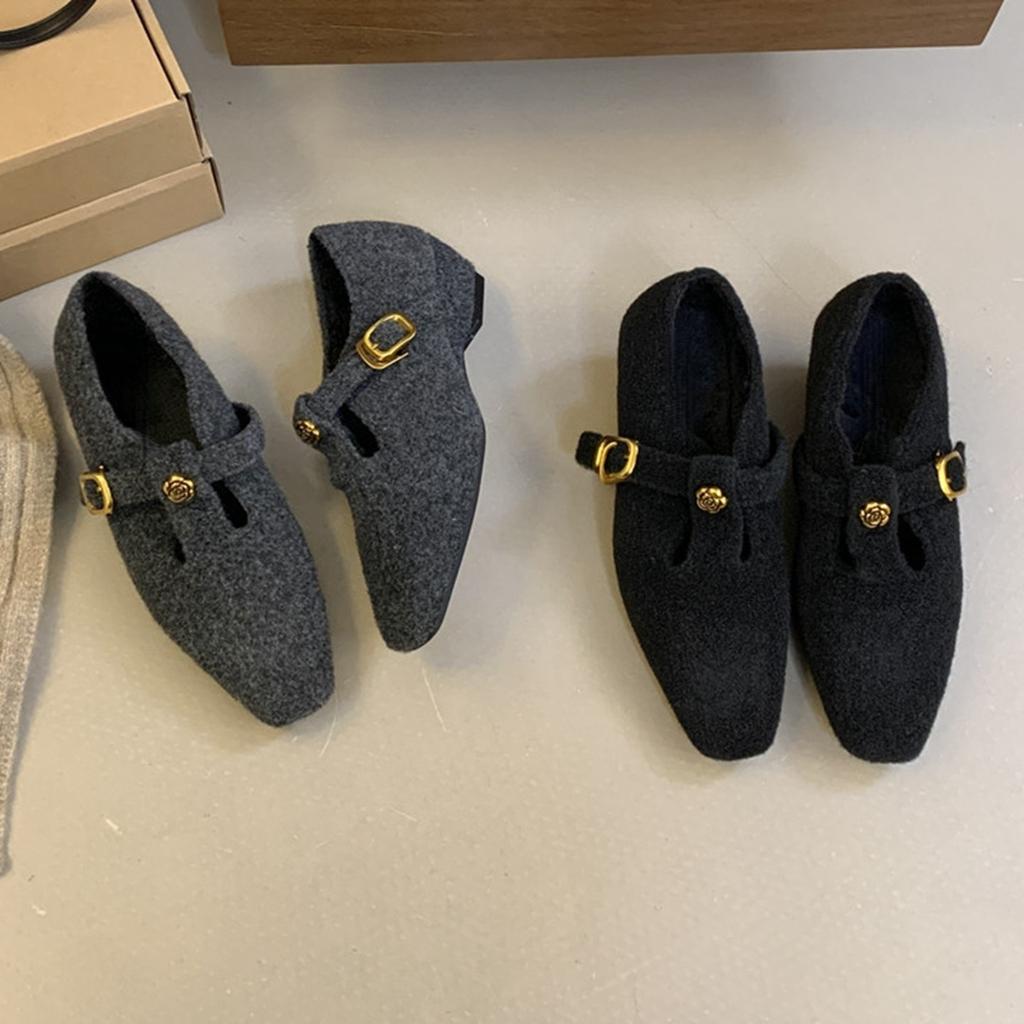 Xiaoxiangfeng camellia Mary Jane shoes thick heel fluffy shoes velvet T-button single shoes