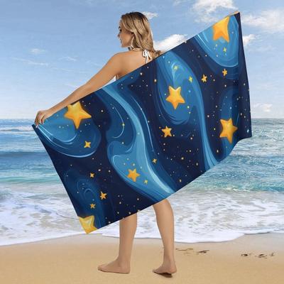 Starry Night Sky Beach Towel - Large, Super Absorbent & Quick-Dry Microfiber, Decorative Blue & Golden Print for Summer,Swimming