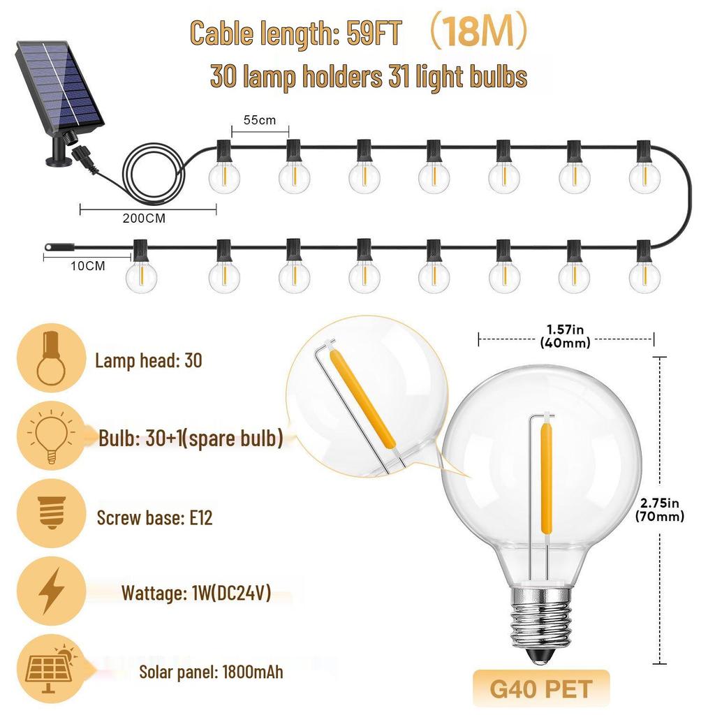 G40 Waterproof Solar LED String Lights - Outdoor, Drop-Proof, Remote-Controlled for Camping, Gardens, Weddings, and Christmas Decorating.