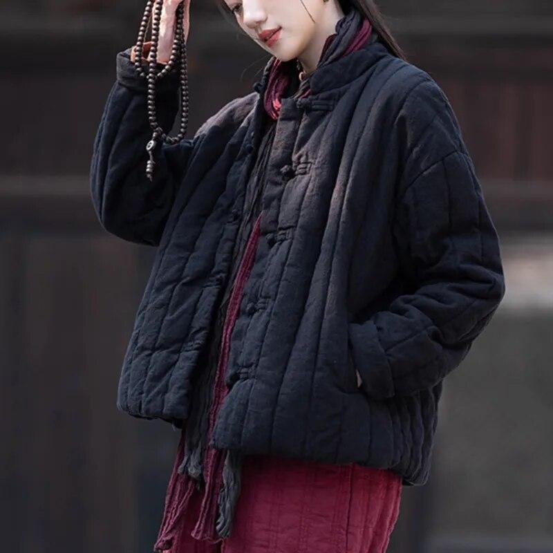 Johnature Women Chinese Style Parkas Solid Color Stand Long Sleeve Winter Coats Button Plus Cotton Warm Parkas