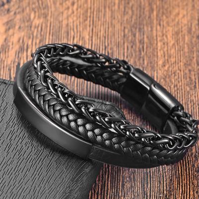 2026 New Fashion Leather Rope Bracelet Titanium Steel Chain Leather Braided Bracelet Genuine Leather Multi-Layer Simple Men's Jewellery