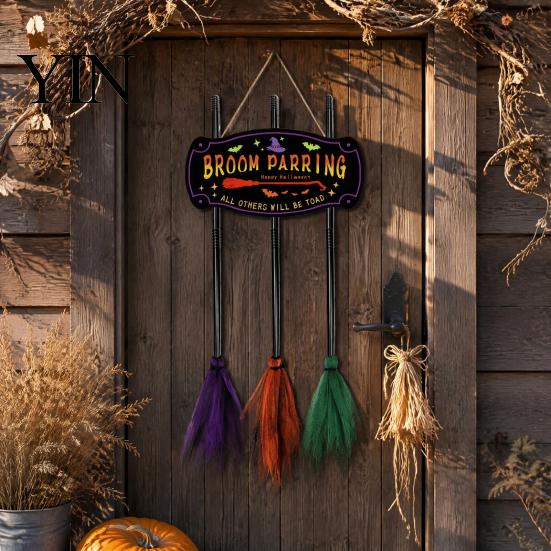 Halloween Yard And Porch Supplies Broom Parking Sign with 3 Witch Brooms, Hocus Pocus Themed Wooden Sign, Party Ornaments Funny Wall Hanging