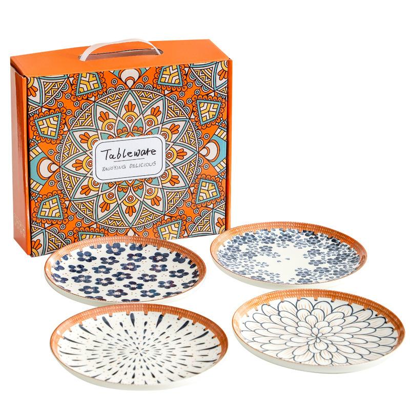 Bamboo Woven Japanese Ceramic Plate Tableware Creative Retro Home Underglaze Color Plate Set Opening Gift