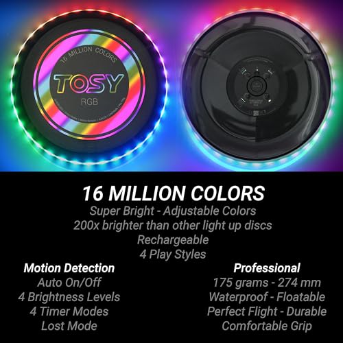 TOSY Flying Disc 16 Million RGB Colors or 36 LEDs Super Bright Smart Mode Auto Light-Up Rechargeable Christmas Birthday Camping Gift 175g Frisbee for