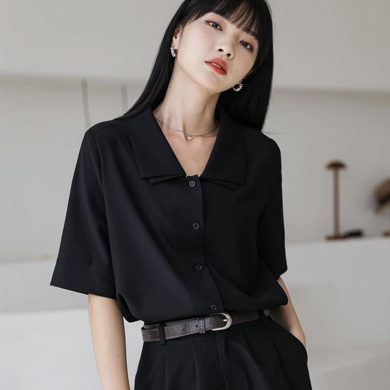 Retro Lapel Black Shirt Women's Short-sleeved Top Summer New French Temperament Thin Shirt Design Niche