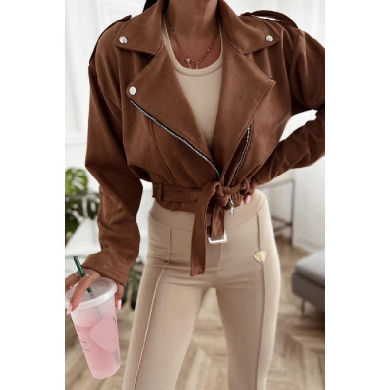 

Осень и Зима Женские Короткие Куртки на Молнии Новая Мода Лацкан Воротник Костюм Длинный Рукав Пальто на Завязках Однотонный Уличный Повседневный 2XL хаки