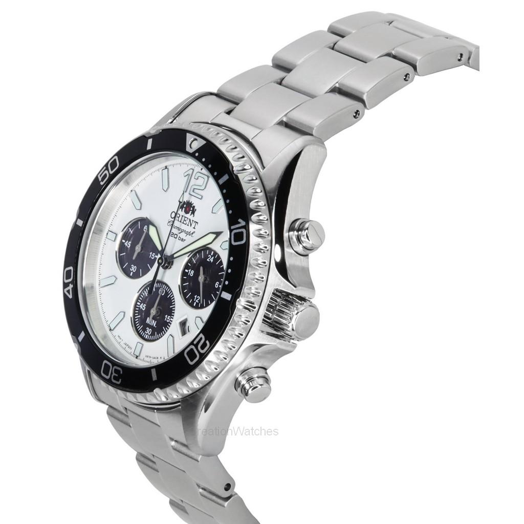 Orient Sports Panda Chronograph Stainless Steel White Dial Solar Diver's RA-TX0203S10B 200M Men's Watch