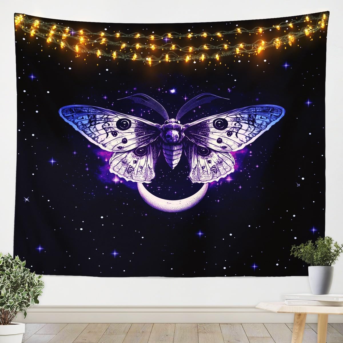 Kids Boho Moth Wall Tapestry Sugar Skull Gothic Tapestry,White And Black Moth Medium Tapestry For Living Room Stars Glitter 70x100CM