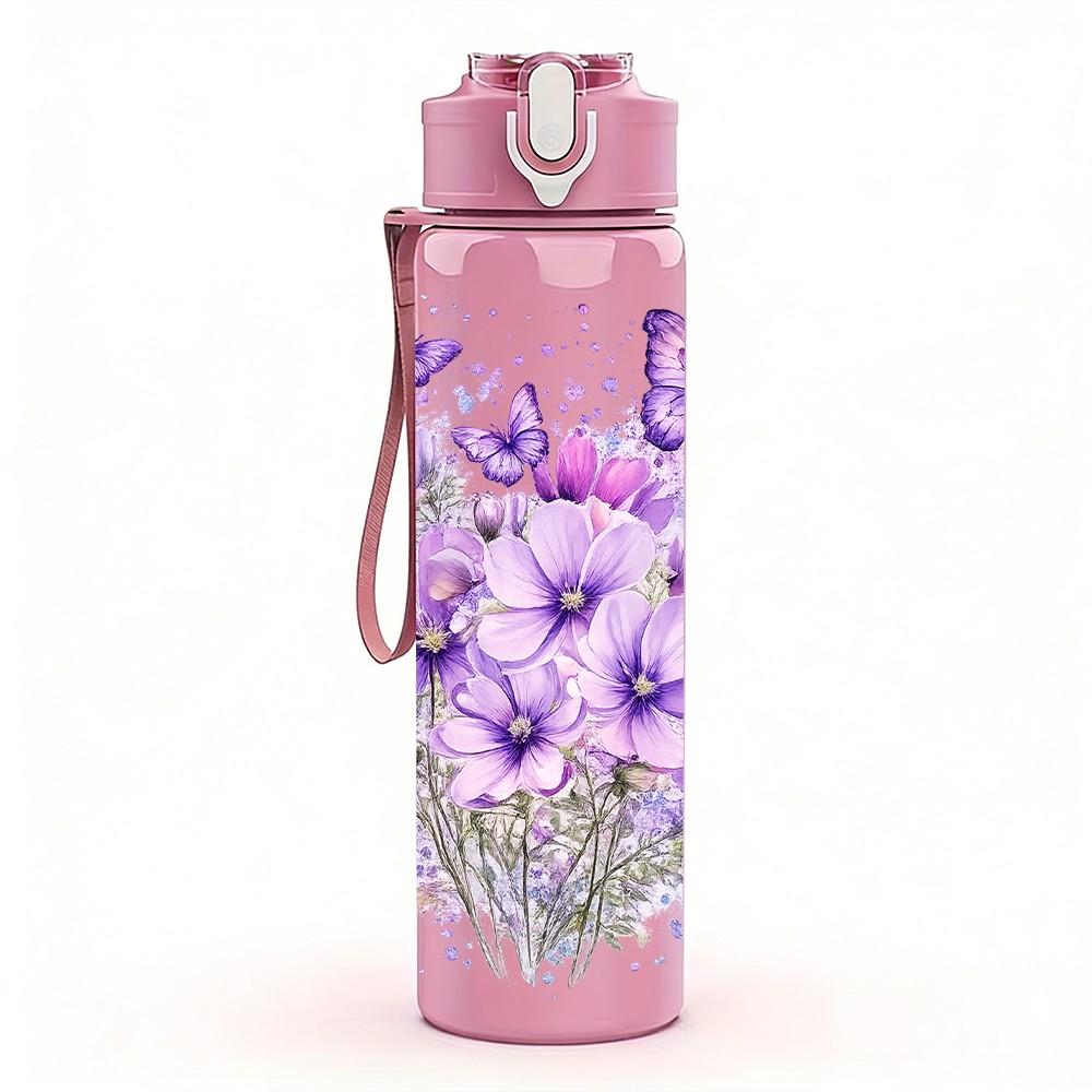 1PC Purple Lavender Bouquet Flower Print 750ml Color Plastic Sports Water Bottle Leakproof Flip Straw Lid Suitable for Sports Office Home Use