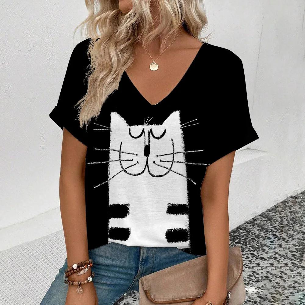 Women's Retro T Shirt Anime Cat Graphic Girl Clothes Summer V-Neck Short Sleeve Tees Female Harajuku Streetwear Oversized Blouse