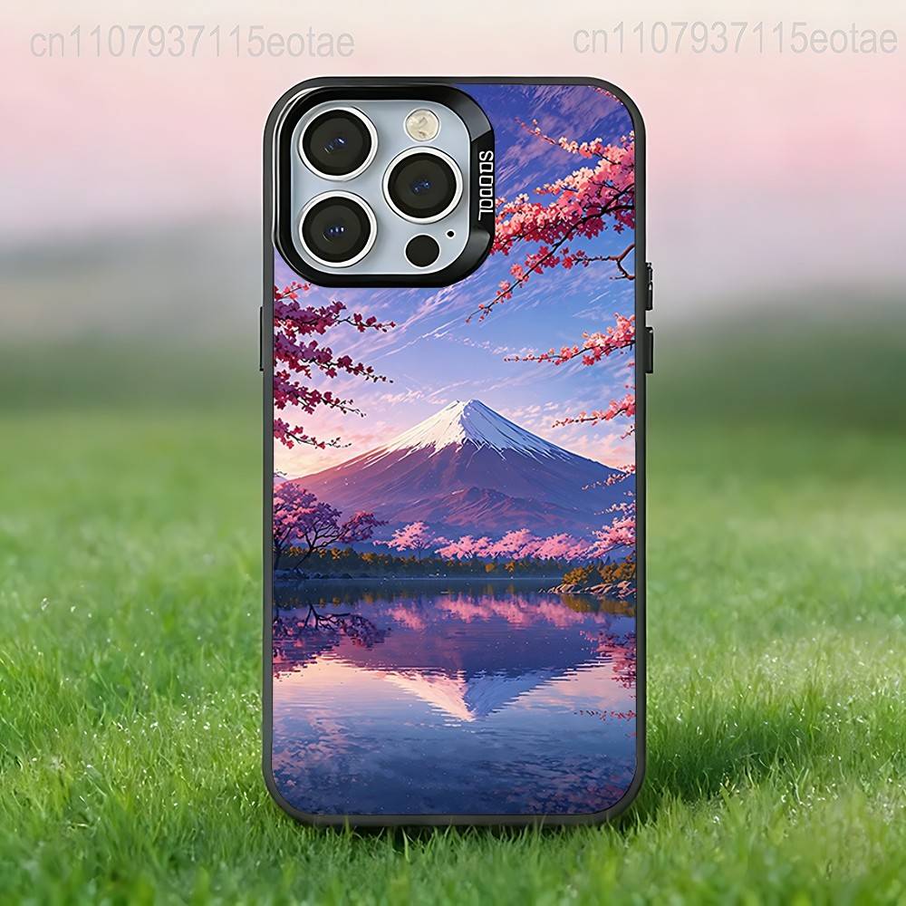 Japanese Mount Fuji Landscape Black Phone Case Compatible with iPhone 17 16 15 14 13 12 11, Pro, Max, Plus, E, Air, Mini