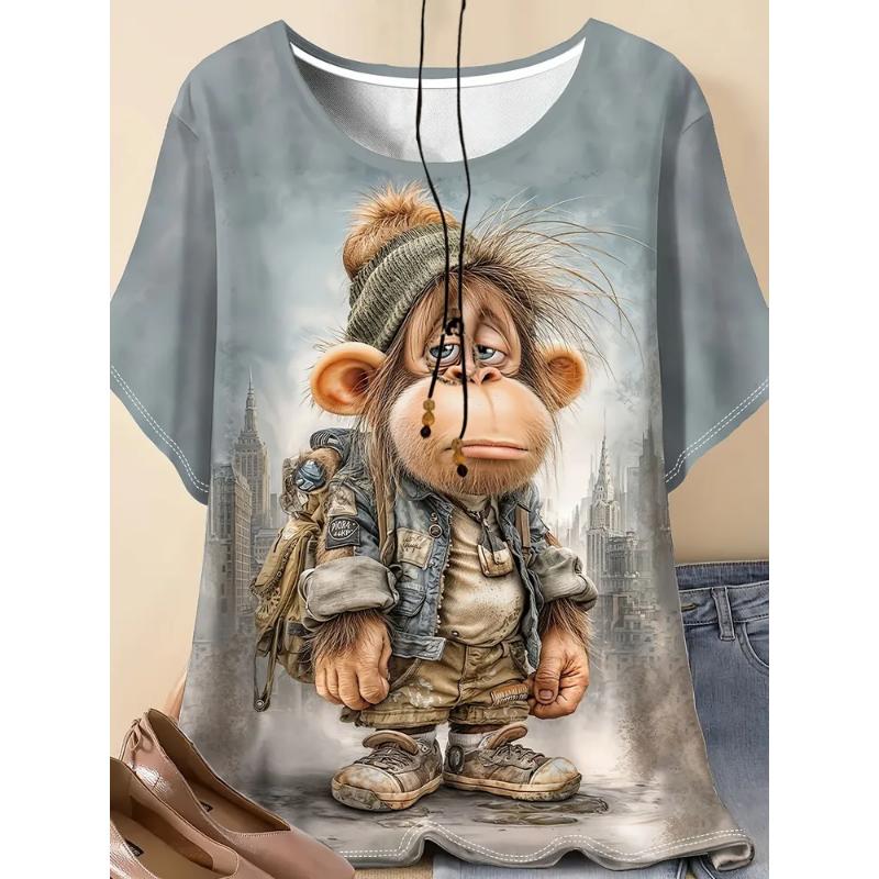 Fashion Women's Animal Short Sleeve 3D Animal Color Printing Crew Neck Short Sleeve Crew Neck T-Shirt