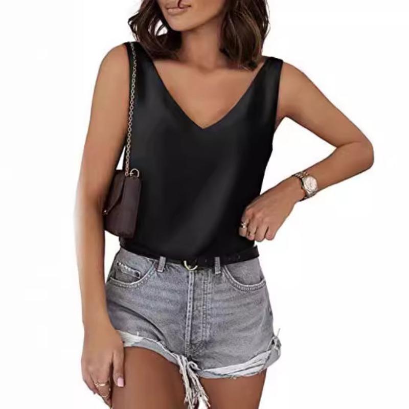 Womens Silk Satin Tank Tops V Neck Casual Cami Sleeveless Camisole Blouses Summer Basic Tank Shirt