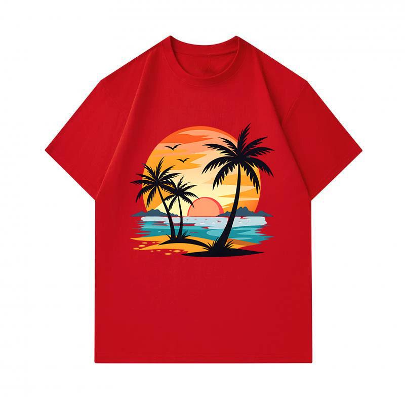 Men's 100% Cotton Crew Neck Short Sleeve T-Shirt, Retro Palm Tree Sunset Beach Print Casual Summer Comfortable Breathable Tee for Daily Tropical Vacat