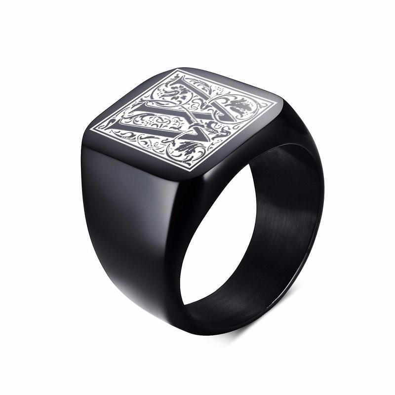 Mens Stamp Ring,Black Stainless Steel Letter Ring Chunky Ring,Rock Punk Jewelry Gift for Him
