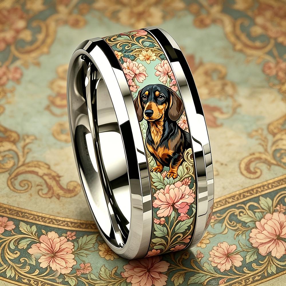 Cute Dachshund Dog Pink Floral Pattern Ring Fashion Men Stainless Steel Ring Cute Pet Daily Wear Stackable Ring Wedding Jewelry