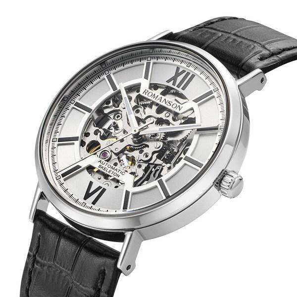 Romanson Kairos Classic Skeleton Black Leather Watch RWTLOM2B2004WHBK0 + Gift Package