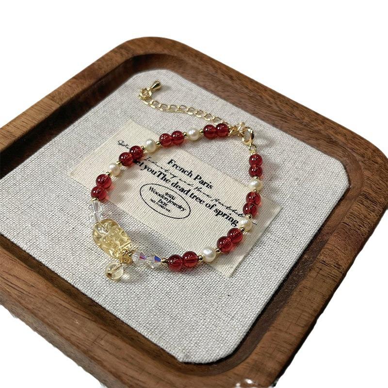 Qiaoen Women's Pixiu Crystal Bracelet with Burgundy Garnet, Citrine, and Freshwater Pearl