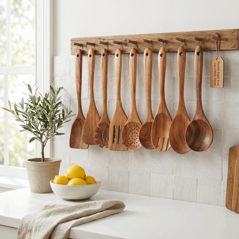 9pcs Acacia Wood Kitchen Utensils Set Long Handle Non Stick Wooden Cooking Utensils Heat Resistant No Paint Frying Spatula Spoon
