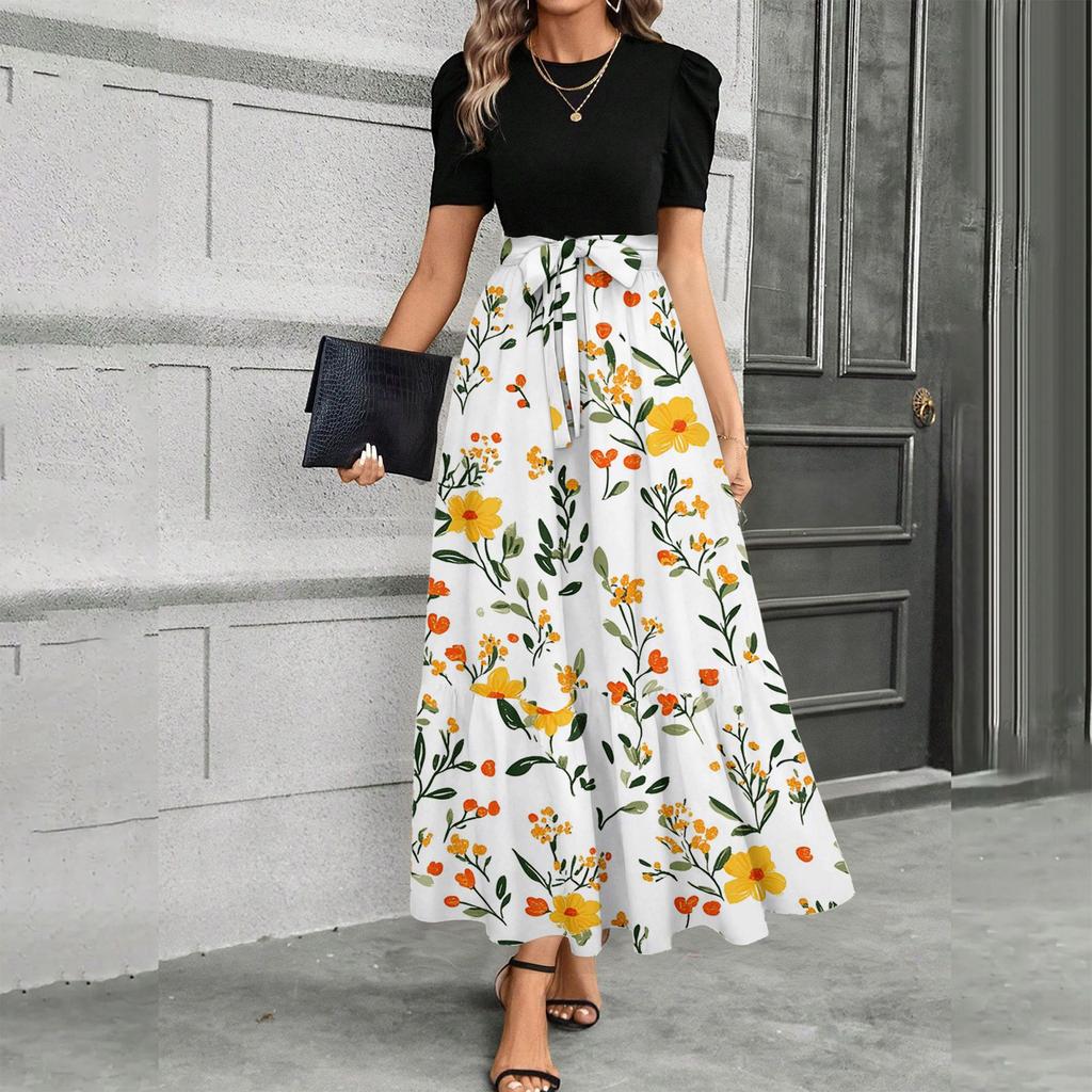 Short Sleeve Women's Dress Casual Flowy A-Line Midi Tshirt Dresses With Pockets Crewneck Vocation Boho Beach Sundress