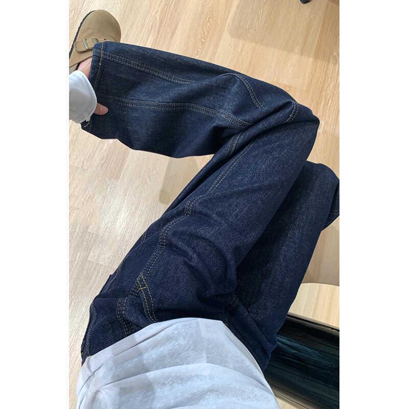 Women's Plus Size High Waist Dark Blue Wide Leg Jeans - Autumn Slimming Straight Leg Pants for Pear-Shaped Body.