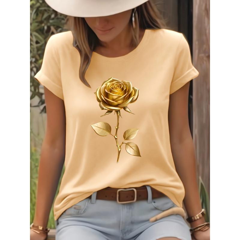 Golden Rose Pattern T-shirt, Short-sleeved Casual Crew Neck Top, Spring and Summer Women's Clothing