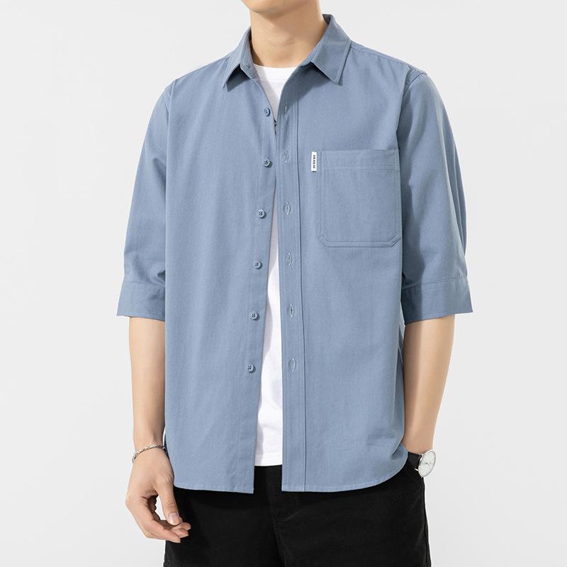 Reines Baumwoll-Kurzarmhemd für Herren, bügelfrei, Dreiviertelarm, gewaschene Hemdjacke, lässiges, vielseitiges Oberteil