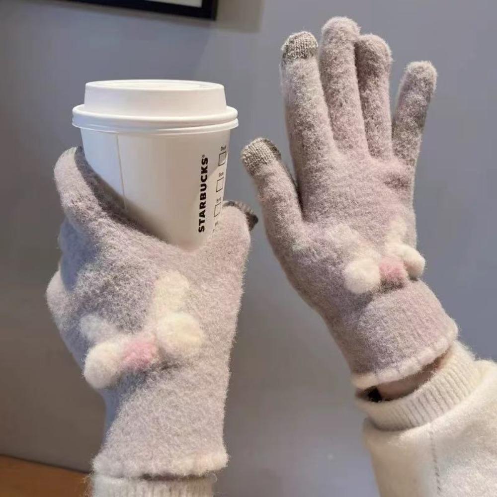 Cute Keep Warm Knitted Gloves Windproof with Five Fingers Winter Gloves Cold Protection Stretch Knit Mittens Girl Women